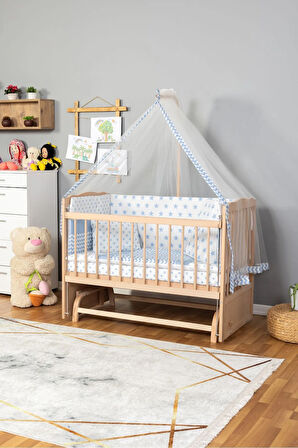 Ahşap Beşik Anne Yanı Beşik Organik(Boyasız) 60x120-Mavi Yıldız Tek Yastık Uyku Seti + Yatak