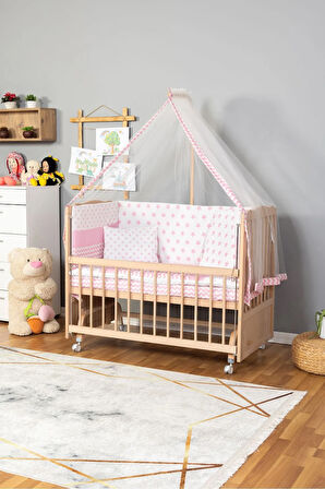 Ahşap Beşik Anne Yanı Beşik Organik(Boyasız) 60x120-Pembe Yıldız Tek Yastık UykuSeti Yatak+Tekerlek