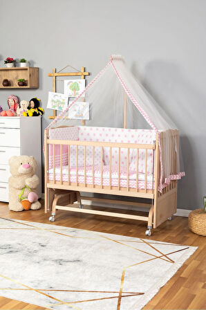 Ahşap Beşik Anne Yanı Beşik Organik(Boyasız) 60x120-Pembe Yıldız Tek Yastık UykuSeti Yatak+Tekerlek