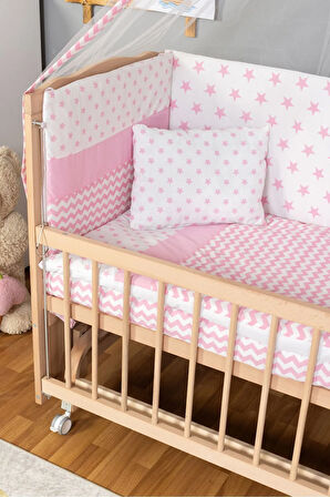 Ahşap Beşik Anne Yanı Beşik Organik(Boyasız) 60x120-Pembe Yıldız Tek Yastık UykuSeti Yatak+Tekerlek