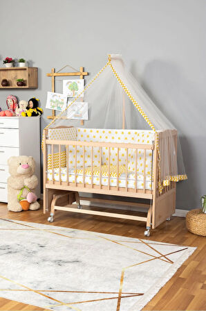 Ahşap Beşik Anne Yanı Beşik Organik(Boyasız) 60x120-Sarı Yıldız TekYastık UykuSeti+Yatak+Tekerlekli