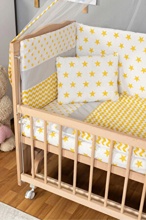 Ahşap Beşik Anne Yanı Beşik Organik(Boyasız) 60x120-Sarı Yıldız TekYastık UykuSeti+Yatak+Tekerlekli