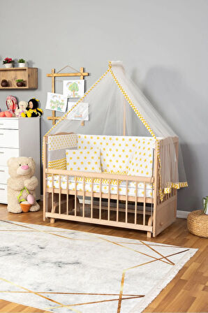 Ahşap Beşik Anne Yanı Beşik Organik(Boyasız) 60x120-Sarı Yıldız Tek Yastık Uyku Seti + Yatak