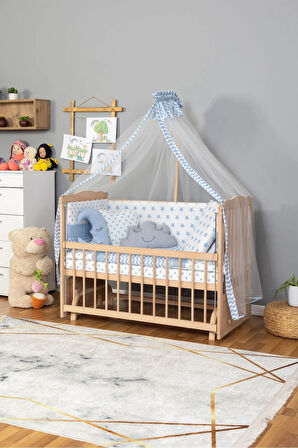 Ahşap Beşik Anne Yanı Beşik Organik(Boyasız) 60x120-Mavi Yıldız 3 Yastık Uyku Seti + Yatak