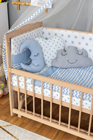 Ahşap Beşik Anne Yanı Beşik Organik(Boyasız) 60x120-Mavi Yıldız 3 Yastık Uyku Seti + Yatak