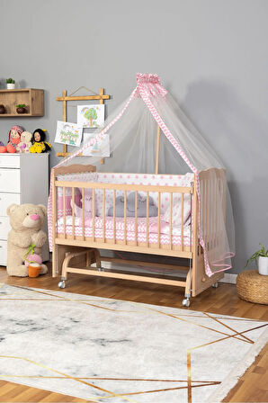 Ahşap Beşik Anne Yanı Beşik Organik(Boyasız) 60x120-Pembe Yıldız 3 Yastık Uyku Seti+Yatak+Tekerlek
