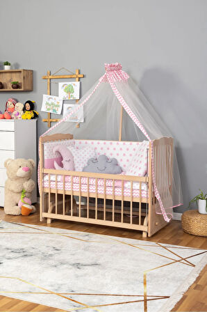 Ahşap Beşik Anne Yanı Beşik Organik(Boyasız) 60x120-Pembe Yıldız 3 Yastık Uyku Seti + Yatak