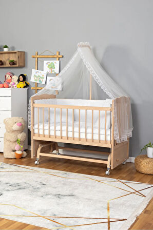 Ahşap Beşik Anne Yanı Beşik Organik(Boyasız) 60x120-Beyaz Güpür Uyku Seti + Yatak + Tekerlekli