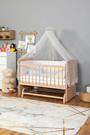 Ahşap Beşik Anne Yanı Beşik Organik(Boyasız) 60x120-Beyaz Güpür Uyku Seti + Yatak