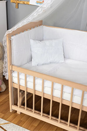 Ahşap Beşik Anne Yanı Beşik Organik(Boyasız) 60x120-Beyaz Güpür Uyku Seti + Yatak