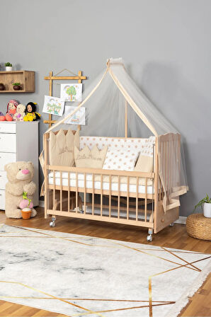 Ahşap Beşik Anne Yanı Beşik Organik(Boyasız) 60x120-Krem Nakış(Kız) Uyku Seti + Yatak + Tekerlekli