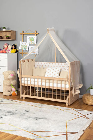 Ahşap Beşik Anne Yanı Beşik Organik(Boyasız) 60x120-Krem Nakış(Yazısız) Uyku Seti + Yatak