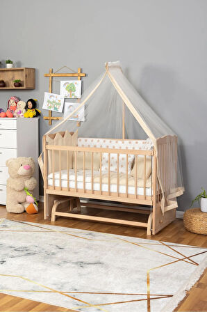 Ahşap Beşik Anne Yanı Beşik Organik(Boyasız) 60x120-Krem Nakış(Yazısız) Uyku Seti + Yatak
