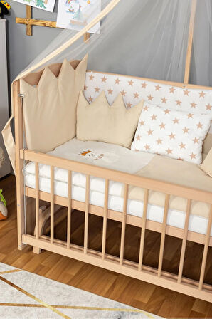 Ahşap Beşik Anne Yanı Beşik Organik(Boyasız) 60x120-Krem Nakış(Yazısız) Uyku Seti + Yatak