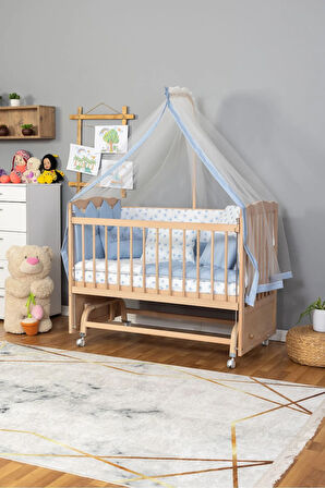 Ahşap Beşik Anne Yanı Beşik Organik(Boyasız) 60x120-Krem Nakış(Yazısız) Uyku Seti + Yatak