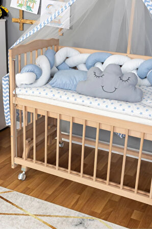 Ahşap Beşik Anne Yanı Beşik Organik 60x120 - Mavi Beyaz Örgü Uyku Seti Seti + Yatak + Tekerlekli