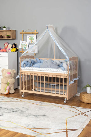 Ahşap Beşik Anne Yanı Beşik Organik 60x120 - Mavi Gri Örgü Uyku Seti Seti + Yatak + Tekerlekli