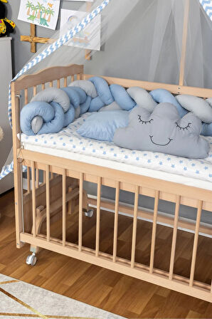 Ahşap Beşik Anne Yanı Beşik Organik 60x120 - Mavi Gri Örgü Uyku Seti Seti + Yatak + Tekerlekli