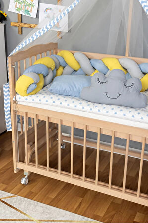 Ahşap Beşik Anne Yanı Beşik Organik 60x120 - Mavi Sarı Örgü Uyku Seti Seti + Yatak + Tekerlekli