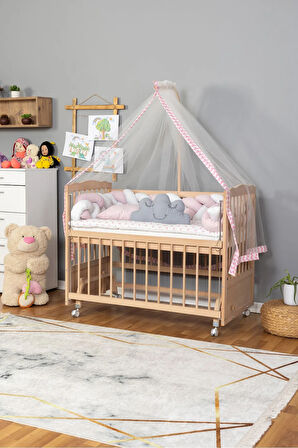 Ahşap Beşik Anne Yanı Beşik Organik 60x120 - Pembe Beyaz Örgü Uyku Seti Seti + Yatak + Tekerlekli