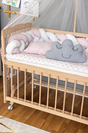 Ahşap Beşik Anne Yanı Beşik Organik 60x120 - Pembe Beyaz Örgü Uyku Seti Seti + Yatak + Tekerlekli