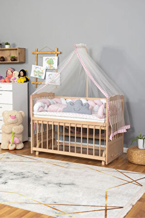 Ahşap Beşik Anne Yanı Beşik Organik 60x120 - Pembe Beyaz Örgü Uyku Seti Seti + Yatak