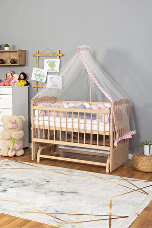 Ahşap Beşik Anne Yanı Beşik Organik 60x120 - Pembe Beyaz Örgü Uyku Seti Seti + Yatak