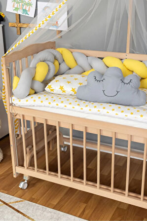 Ahşap Beşik Anne Yanı Beşik Organik 60x120 - Sarı Gri Örgü Uyku Seti Seti + Yatak + Tekerlekli