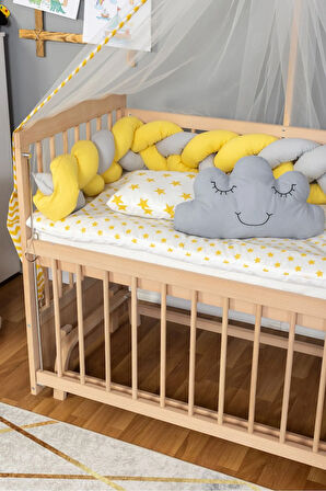 Ahşap Beşik Anne Yanı Beşik Organik 60x120 - Sarı Gri Örgü Uyku Seti Seti + Yatak