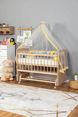 Ahşap Beşik Anne Yanı Beşik Organik 60x120 - Sarı Mavi Örgü Uyku Seti Seti + Yatak + Tekerlekli