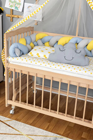 Ahşap Beşik Anne Yanı Beşik Organik 60x120 - Sarı Mavi Örgü Uyku Seti Seti + Yatak + Tekerlekli