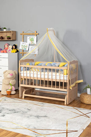 Ahşap Beşik Anne Yanı Beşik Organik 60x120 - Sarı Mavi Örgü Uyku Seti Seti + Yatak