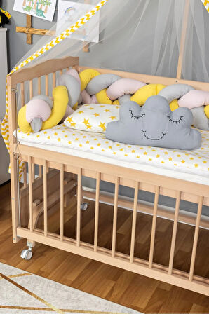 Ahşap Beşik Anne Yanı Beşik Organik 60x120 - Sarı Pembe Örgü Uyku Seti Seti + Yatak + Tekerlekli