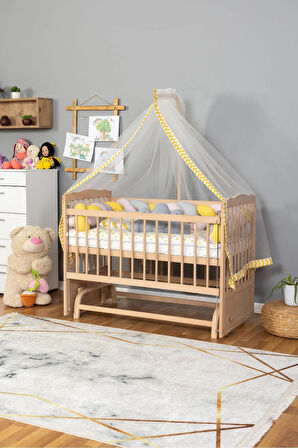 Ahşap Beşik Anne Yanı Beşik Organik 60x120 - Sarı Pembe Örgü Uyku Seti Seti + Yatak