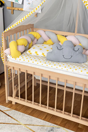 Ahşap Beşik Anne Yanı Beşik Organik 60x120 - Sarı Pembe Örgü Uyku Seti Seti + Yatak