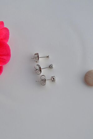 Gümüş Renkli Tektaş Küpe Seti 3'lü Set