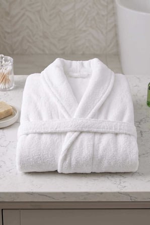 Unisex Şal Yaka Banyo Bornozu %100 Pamuk Beyaz Yetişkin Kadın Erkek