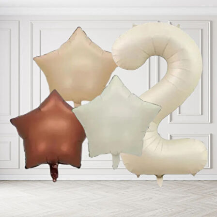 2 Yaş Retro Krem Bej Kahverengi Yıldız Folyo Balon Seti Krem Rakamlı Doğum Günü Şık Parti Süsleme