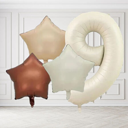 9 Yaş Retro Krem Bej Kahverengi Yıldız Folyo Balon Seti Krem Rakamlı Doğum Günü Şık Parti Süsleme