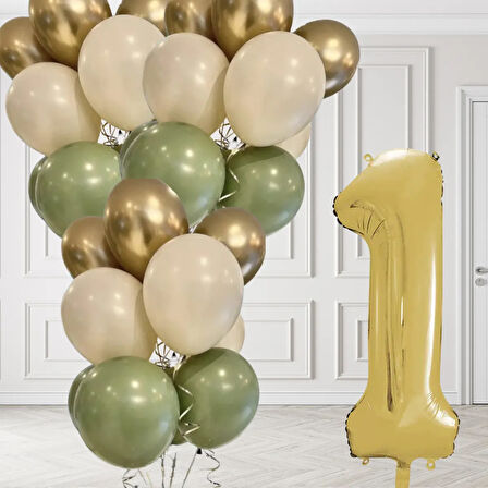 1 Yaş Retro Küf Yeşili Krom Gold Kum Beji Balon Seti Gold Rakam Doğum Günü Balonu Şık Parti Süsleme