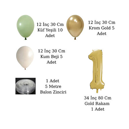 1 Yaş Retro Küf Yeşili Krom Gold Kum Beji Balon Seti Gold Rakam Doğum Günü Balonu Şık Parti Süsleme