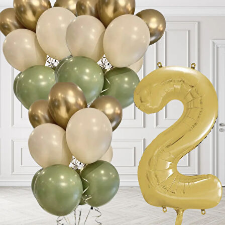 2 Yaş Retro Küf Yeşili Krom Gold Kum Beji Balon Seti Gold Rakam Doğum Günü Balonu Şık Parti Süsleme