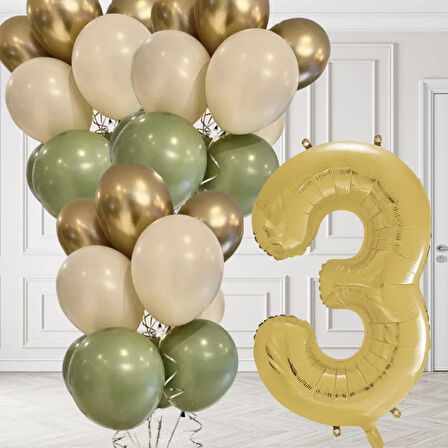 3 Yaş Retro Küf Yeşili Krom Gold Kum Beji Balon Seti Gold Rakam Doğum Günü Balonu Şık Parti Süsleme