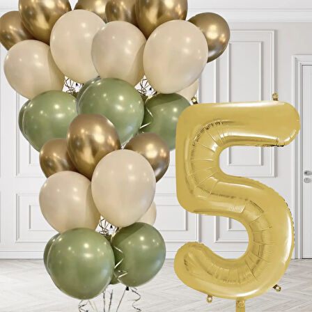 5 Yaş Retro Küf Yeşili Krom Gold Kum Beji Balon Seti Gold Rakam Doğum Günü Balonu Şık Parti Süsleme