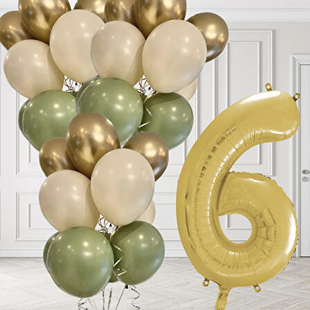 6 Yaş Retro Küf Yeşili Krom Gold Kum Beji Balon Seti Gold Rakam Doğum Günü Balonu Şık Parti Süsleme