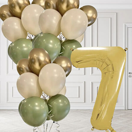 7 Yaş Retro Küf Yeşili Krom Gold Kum Beji Balon Seti Gold Rakam Doğum Günü Balonu Şık Parti Süsleme