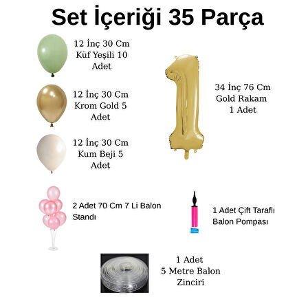 8 Yaş Balon Standlı Ve Pompalı Retro Küf Yeşili Krom Gold Kum Beji Balon Seti Gold Rakam Süsleme