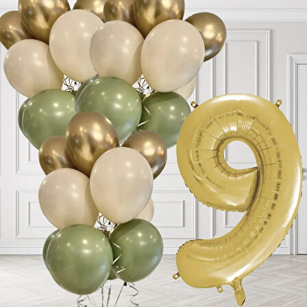 9 Yaş Retro Küf Yeşili Krom Gold Kum Beji Balon Seti Gold Rakam Doğum Günü Balonu Şık Parti Süsleme