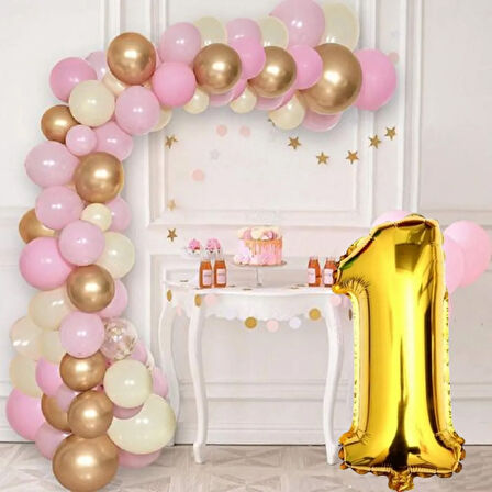 1 Yaş Krom Gold Pastel Pembe ve Beyaz Balon Seti Gold Rakamlı Doğum Günü Balonu Şık Parti Süsleme