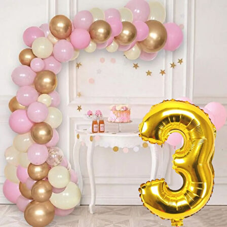 3 Yaş Krom Gold Pastel Pembe ve Beyaz Balon Seti Gold Rakamlı Doğum Günü Balonu Şık Parti Süsleme